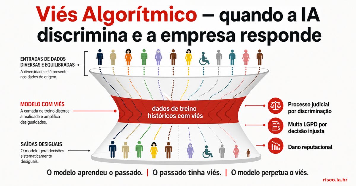 Funil de viés algorítmico — dados de treino históricos distorcendo decisões de IA e perpetuando discriminação | risco.ia.br